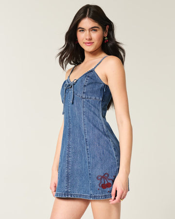Denim Cherry Graphic Mini Dress