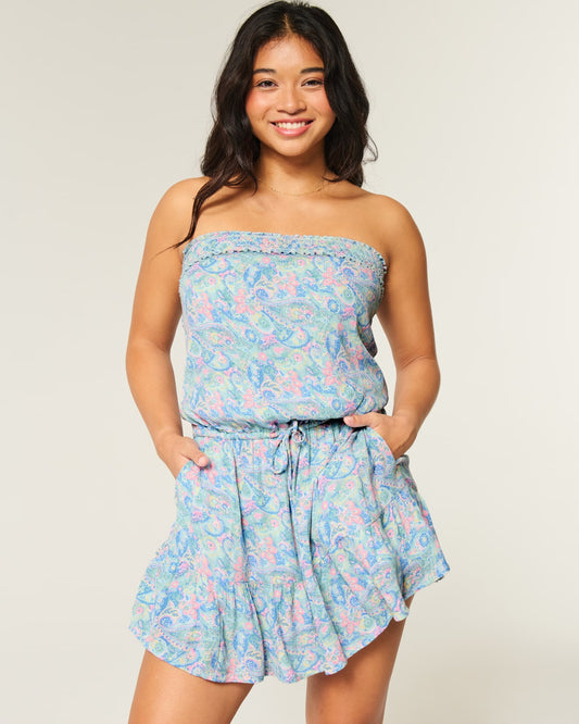 Strapless Drawstring Blouson Mini Dress